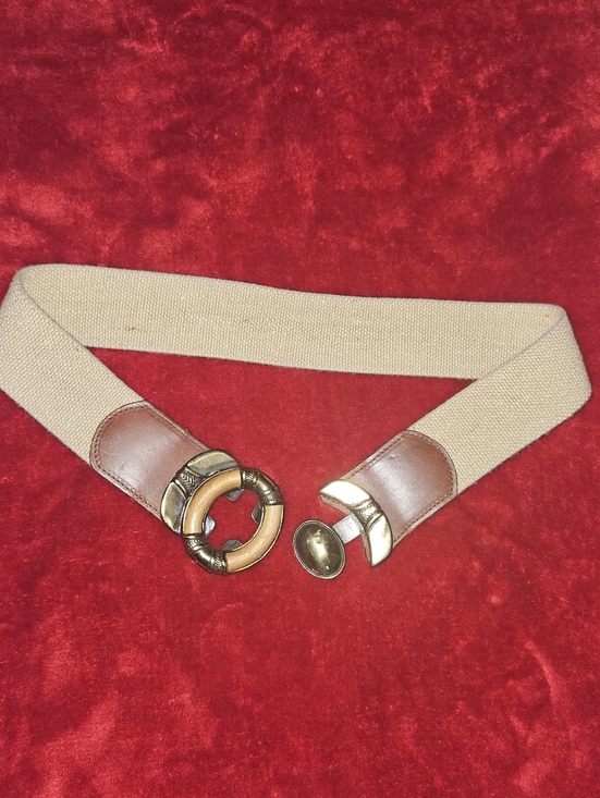 Omega Vintage Boho Beige Canvas Belt w/Brown Leather & Brass Buckle-Size M/L main image 4